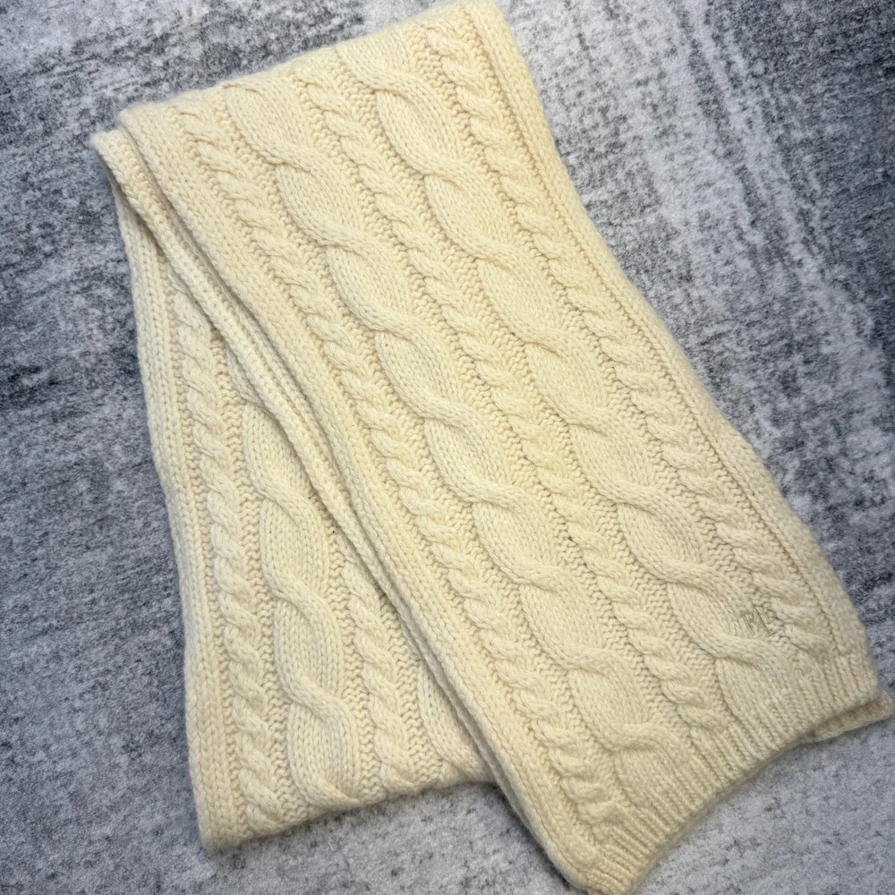 VTG Ralph Lauren Cable Knit Scarf Cream Fisherman Wool Angora Old Money Layer